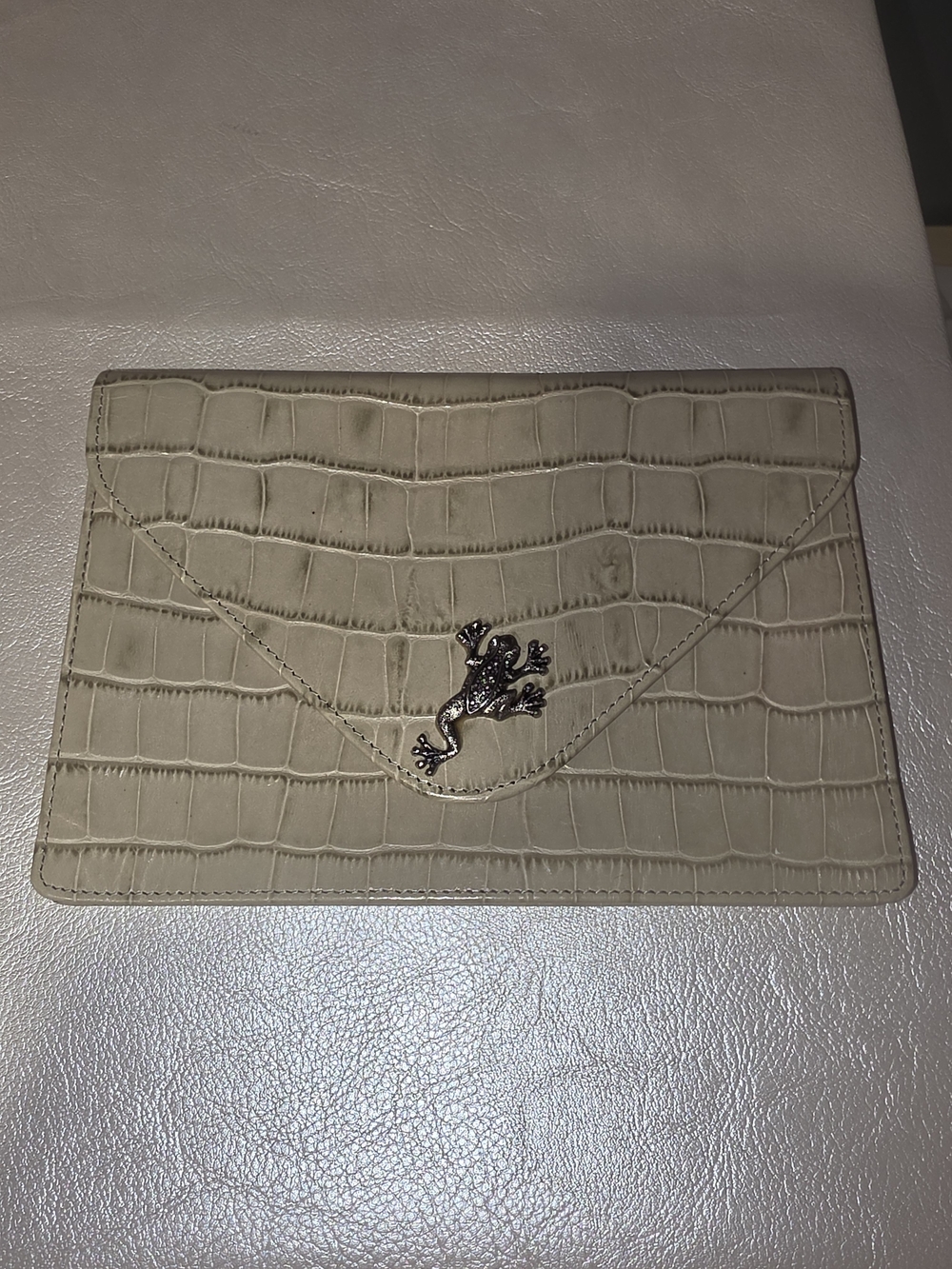Karen Callan Designs Cream Croc Embossed Envelope Clutch w Frog